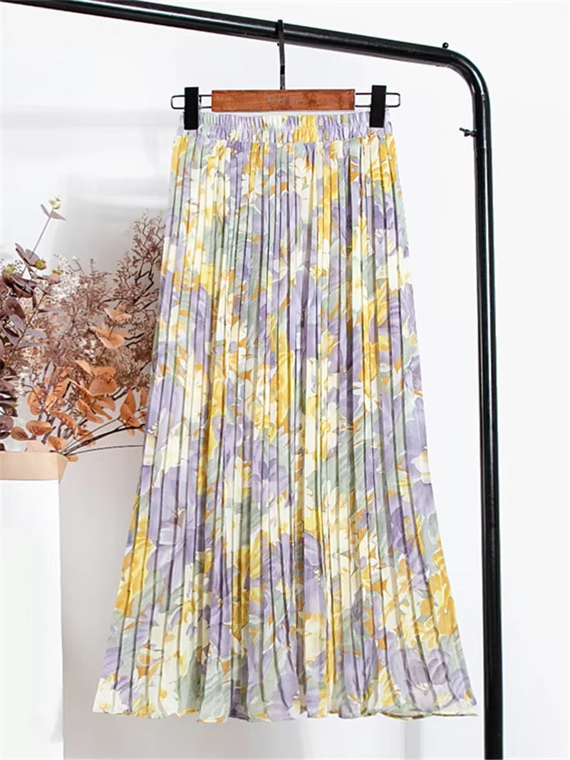 New 2024 Vintage Floral Printed Tulle Pleated Mi-Long Women Skirts High Waist Loose Female Umbrella Skirts Spring Summer