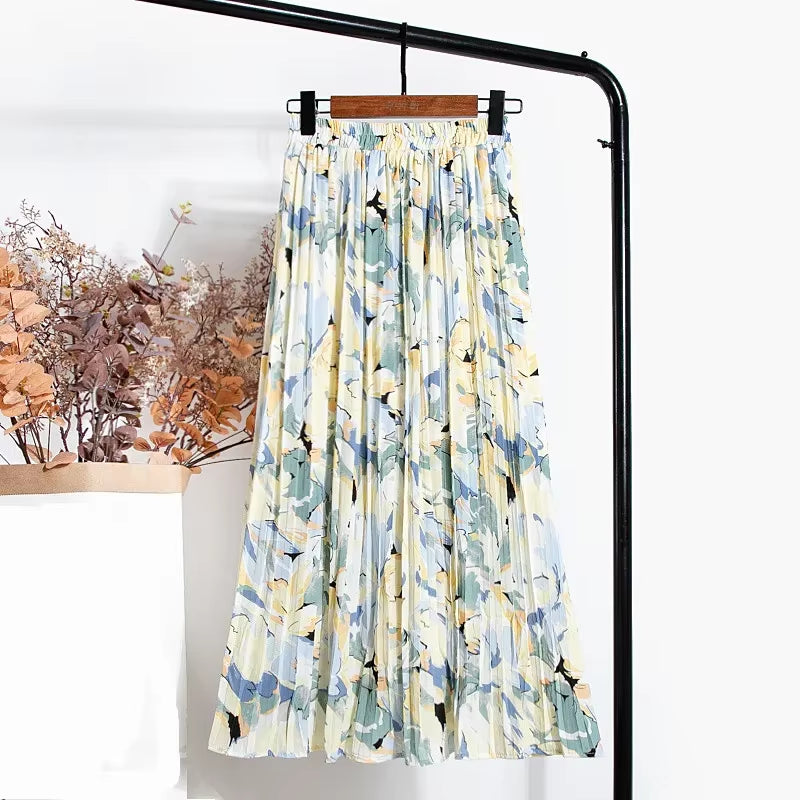 New 2024 Vintage Floral Printed Tulle Pleated Mi-Long Women Skirts High Waist Loose Female Umbrella Skirts Spring Summer
