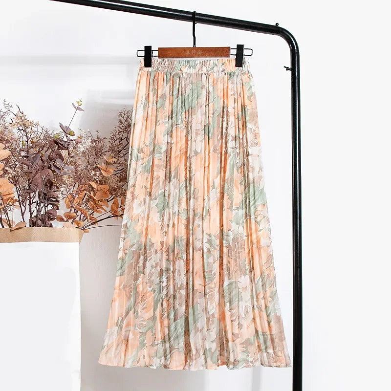 New 2024 Vintage Floral Printed Tulle Pleated Mi-Long Women Skirts High Waist Loose Female Umbrella Skirts Spring Summer
