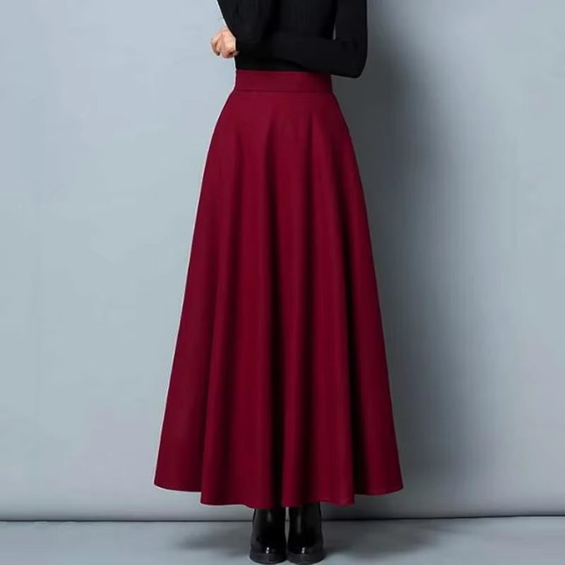 New Winter Women'S Long Woolen Skirt Elegant High Waist Wool a Line Skirts Female Casual Thick Warm Pocket Maxi Skirts Lady