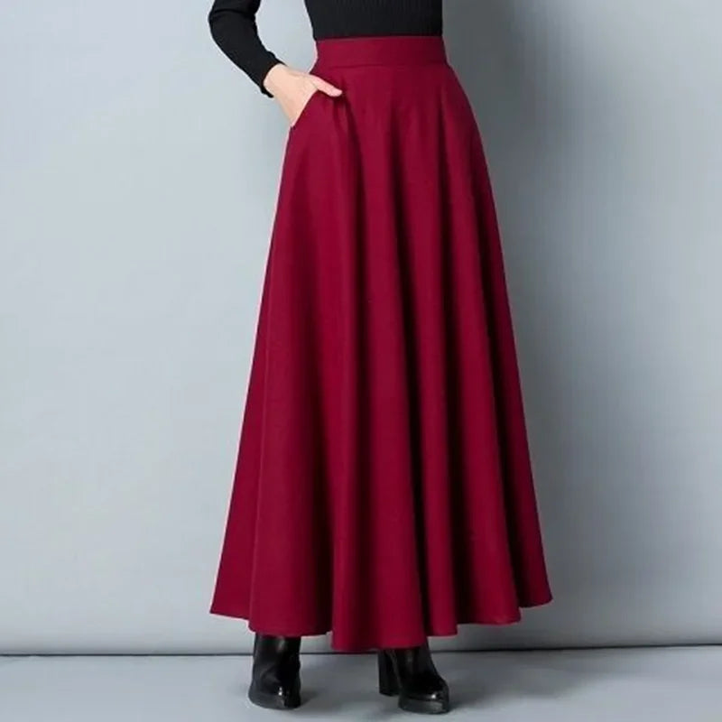 New Winter Women'S Long Woolen Skirt Elegant High Waist Wool a Line Skirts Female Casual Thick Warm Pocket Maxi Skirts Lady