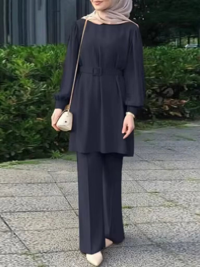 Muslim Women Matching Sets Long Sleeve Solid Color Tops with Belt and Loose Pant Suits Elegant Fashion Casual Tracksuit Kaftan