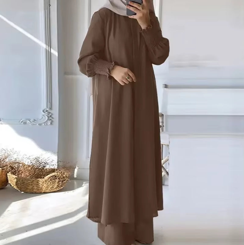 New Arrival Muslim Middle East Southeast Asia 2-Piece Set Women'S Solid Color Spring Autumn Long Sleeve Cardiganshirttrousersuit