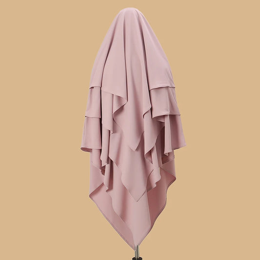 Plain Three-Layer Chiffon Hijab Prayer Khimar Solid Color Arabian Türkiye Shawl Headscarf 136*120Cm