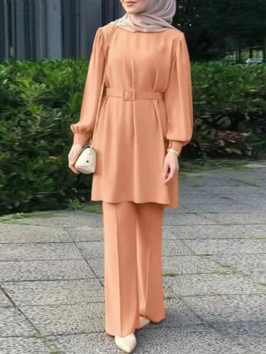 Muslim Women Matching Sets Long Sleeve Solid Color Tops with Belt and Loose Pant Suits Elegant Fashion Casual Tracksuit Kaftan