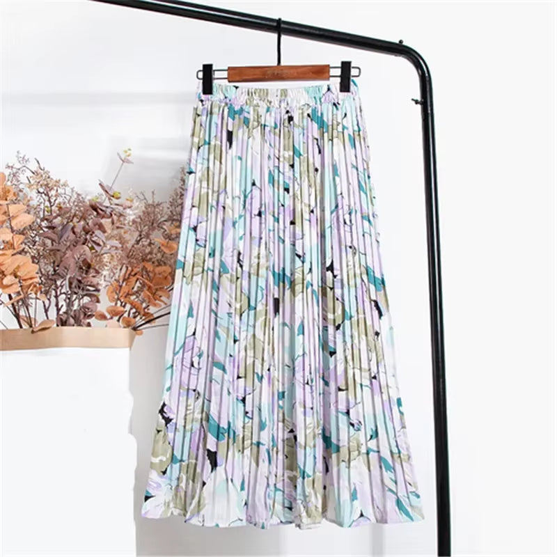 New 2024 Vintage Floral Printed Tulle Pleated Mi-Long Women Skirts High Waist Loose Female Umbrella Skirts Spring Summer