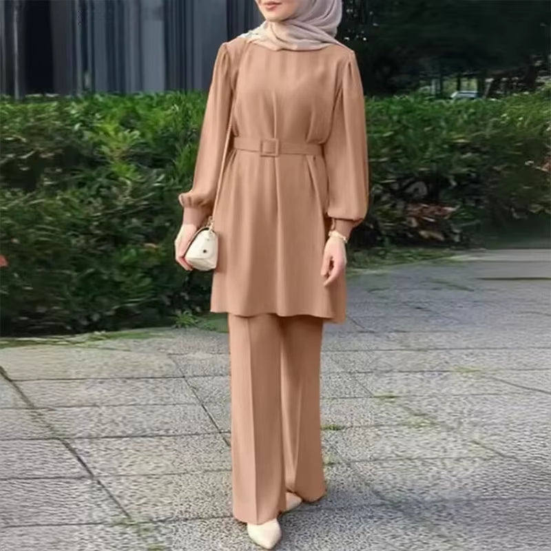 Muslim Women Matching Sets Long Sleeve Solid Color Tops with Belt and Loose Pant Suits Elegant Fashion Casual Tracksuit Kaftan