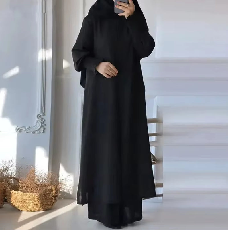 New Arrival Muslim Middle East Southeast Asia 2-Piece Set Women'S Solid Color Spring Autumn Long Sleeve Cardiganshirttrousersuit