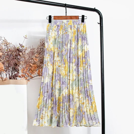 New 2024 Vintage Floral Printed Tulle Pleated Mi-Long Women Skirts High Waist Loose Female Umbrella Skirts Spring Summer