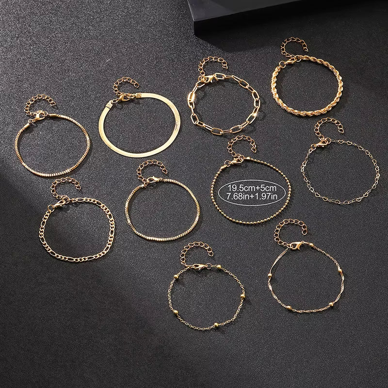 Set of 10 Vintage Gold Flat Snake Chain Box Bracelets - Bohemian Multi-Layer Metal Jewelry for Women