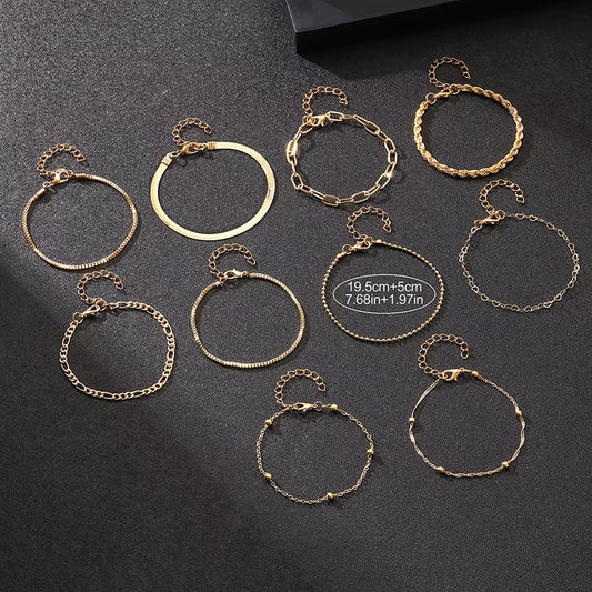 Set of 10 Vintage Gold Flat Snake Chain Box Bracelets - Bohemian Multi-Layer Metal Jewelry for Women