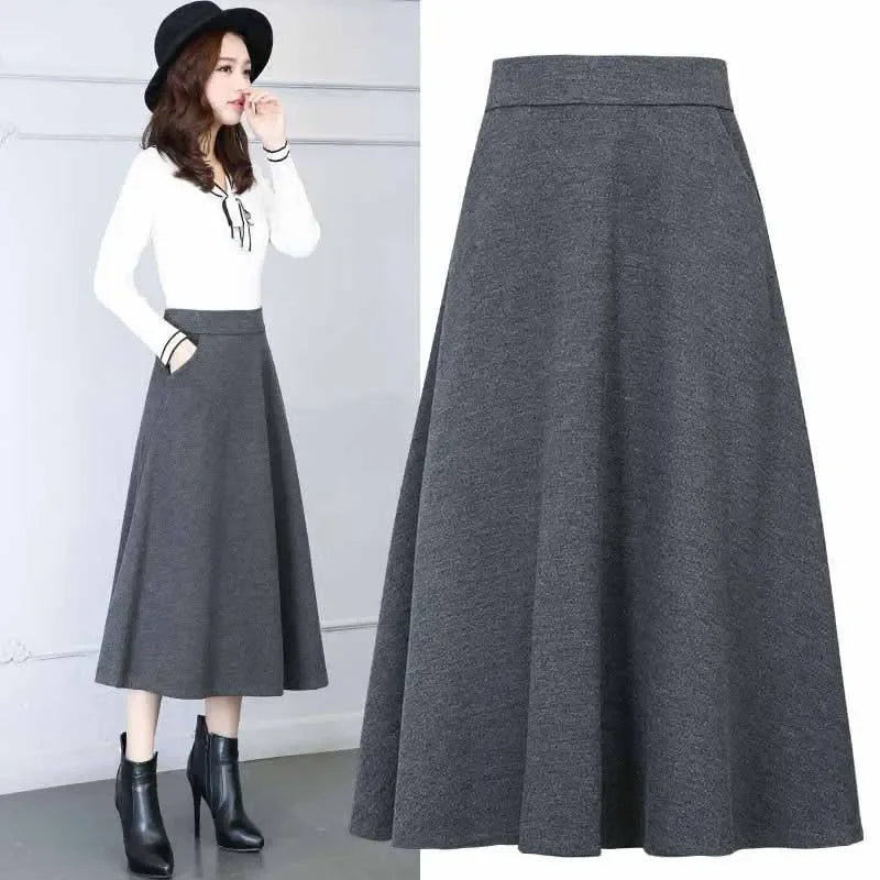 New Winter Women'S Long Woolen Skirt Elegant High Waist Wool a Line Skirts Female Casual Thick Warm Pocket Maxi Skirts Lady
