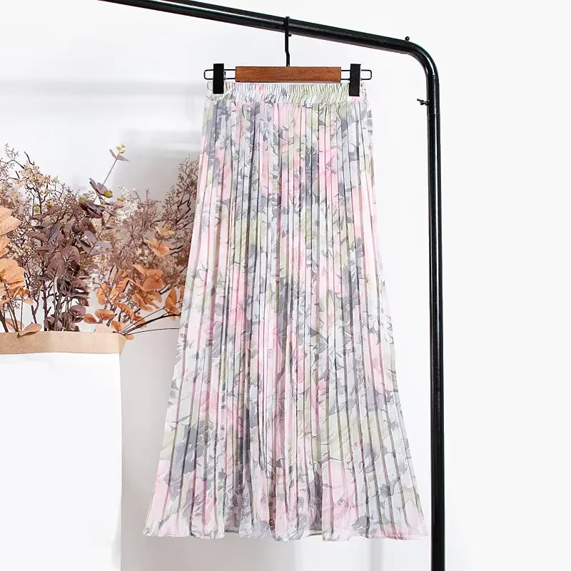 New 2024 Vintage Floral Printed Tulle Pleated Mi-Long Women Skirts High Waist Loose Female Umbrella Skirts Spring Summer