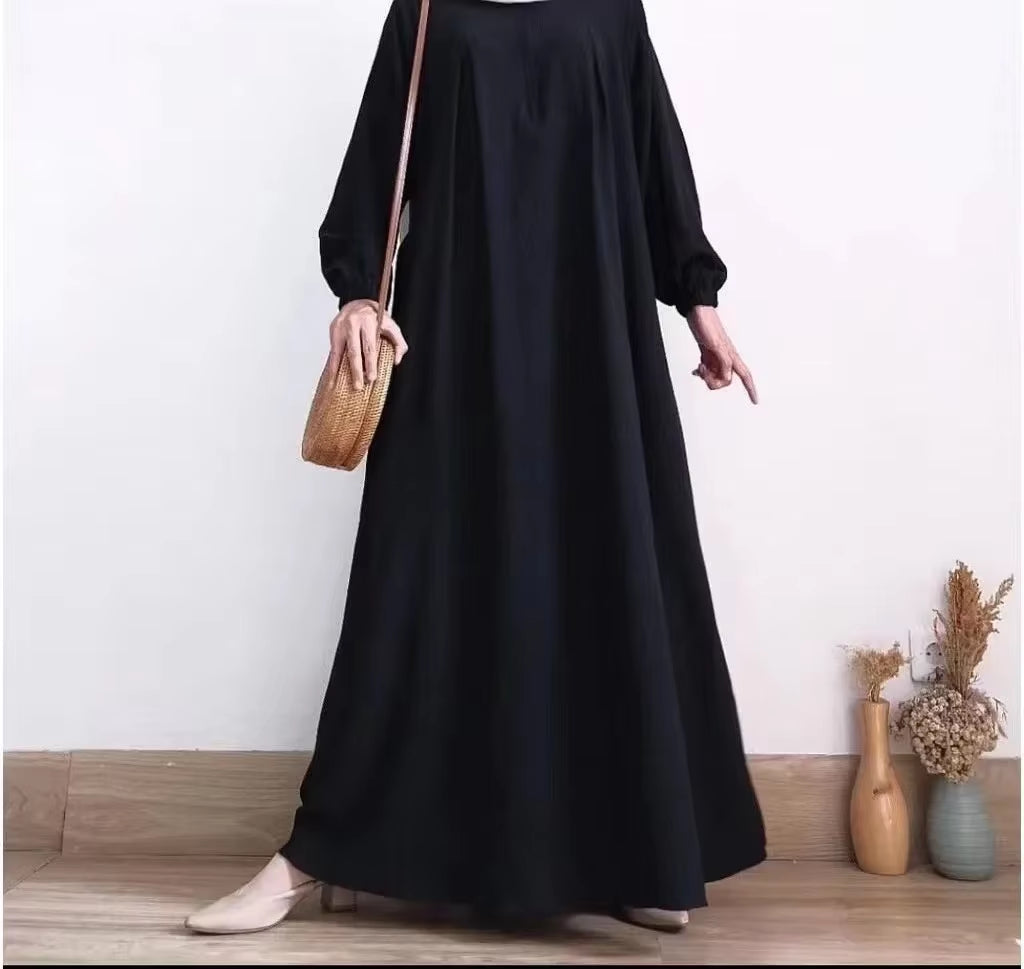 Solid Stretch Cuff Women Dress Zip-Up O-Neck Abayas for Women Simple Muslim A-Line Dresses Femme Turkey Dubai Vestido Kaftan