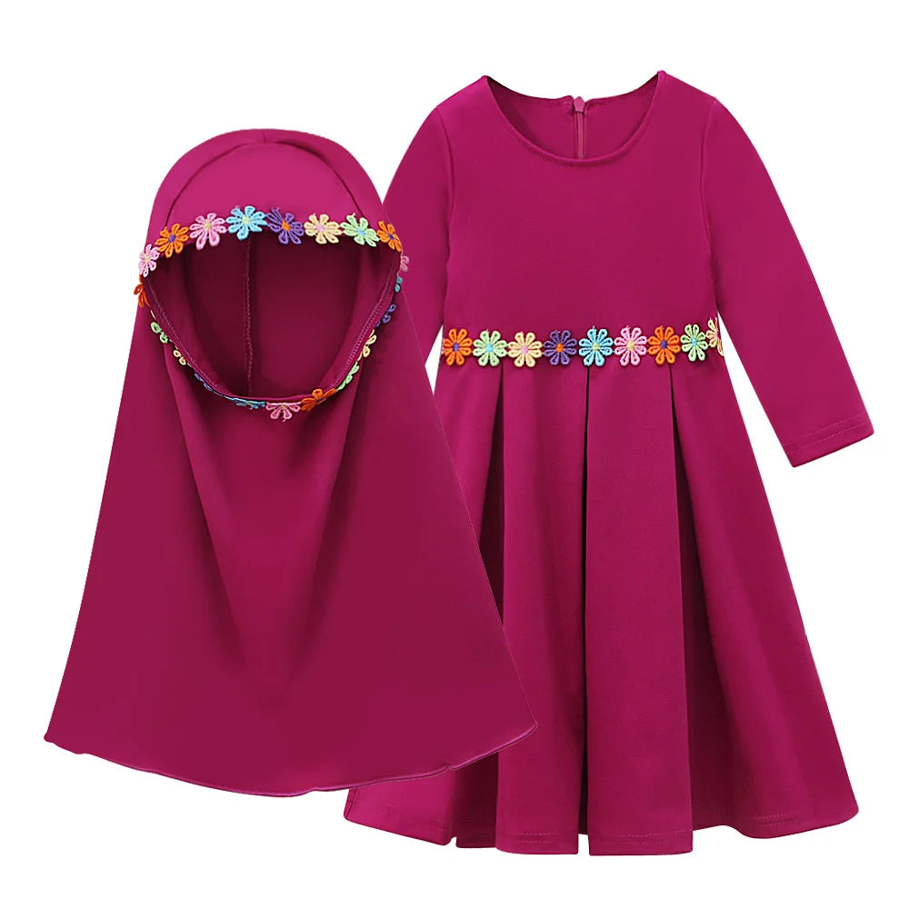 Muslim Girls Hijab Abaya Islamic Kids Arab Children Khimar 2 Pieces Prayer Sets Dubai Party Gown Kaftan Robe Eid Ramadan Caftan
