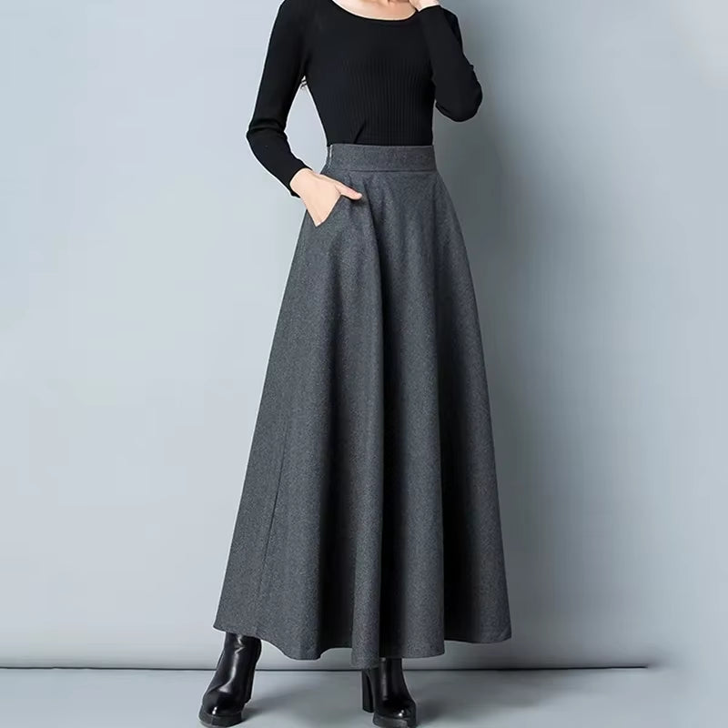 New Winter Women'S Long Woolen Skirt Elegant High Waist Wool a Line Skirts Female Casual Thick Warm Pocket Maxi Skirts Lady