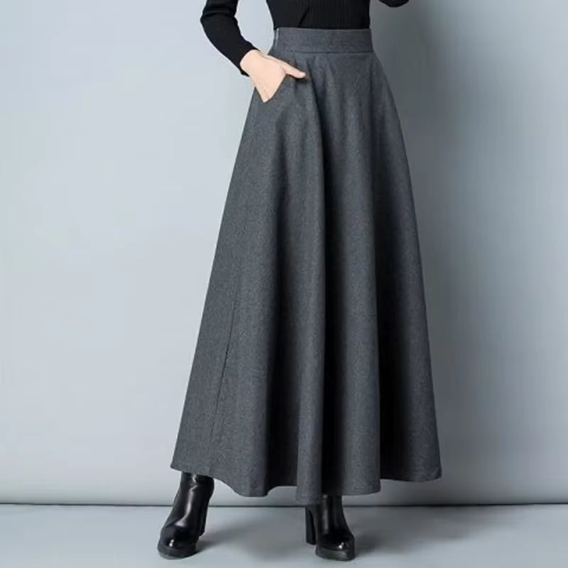 New Winter Women'S Long Woolen Skirt Elegant High Waist Wool a Line Skirts Female Casual Thick Warm Pocket Maxi Skirts Lady
