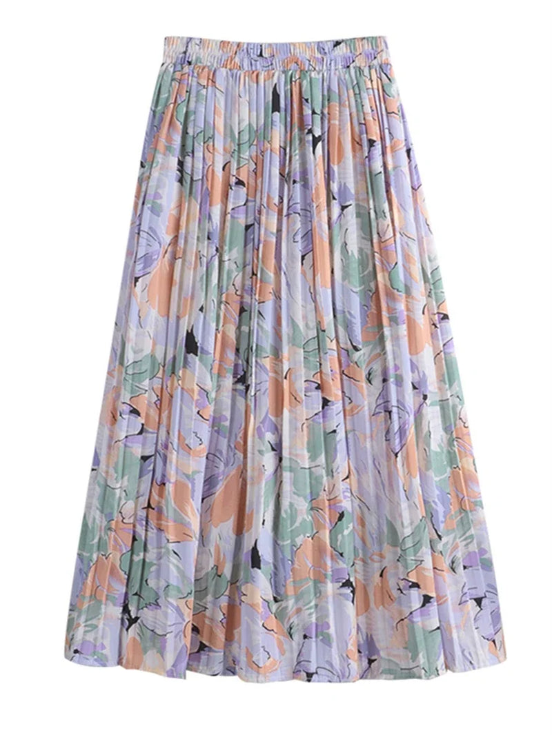 New 2024 Vintage Floral Printed Tulle Pleated Mi-Long Women Skirts High Waist Loose Female Umbrella Skirts Spring Summer