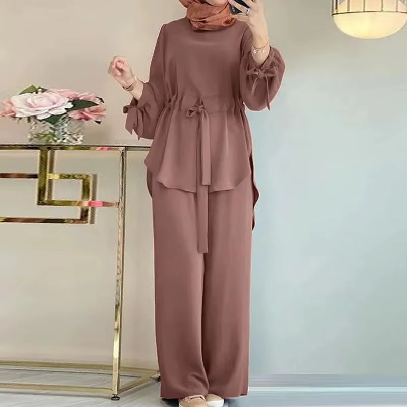 H730 Muslim Women'S 2-Piece Set Elegant Solid Color round Neck Wide Leg Trousers with Drawstring Top for Fashionable Muslims