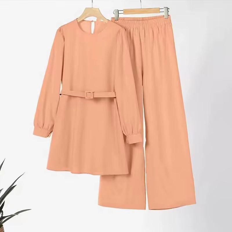 Muslim Women Matching Sets Long Sleeve Solid Color Tops with Belt and Loose Pant Suits Elegant Fashion Casual Tracksuit Kaftan
