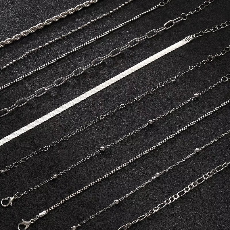 Set of 10 Vintage Gold Flat Snake Chain Box Bracelets - Bohemian Multi-Layer Metal Jewelry for Women