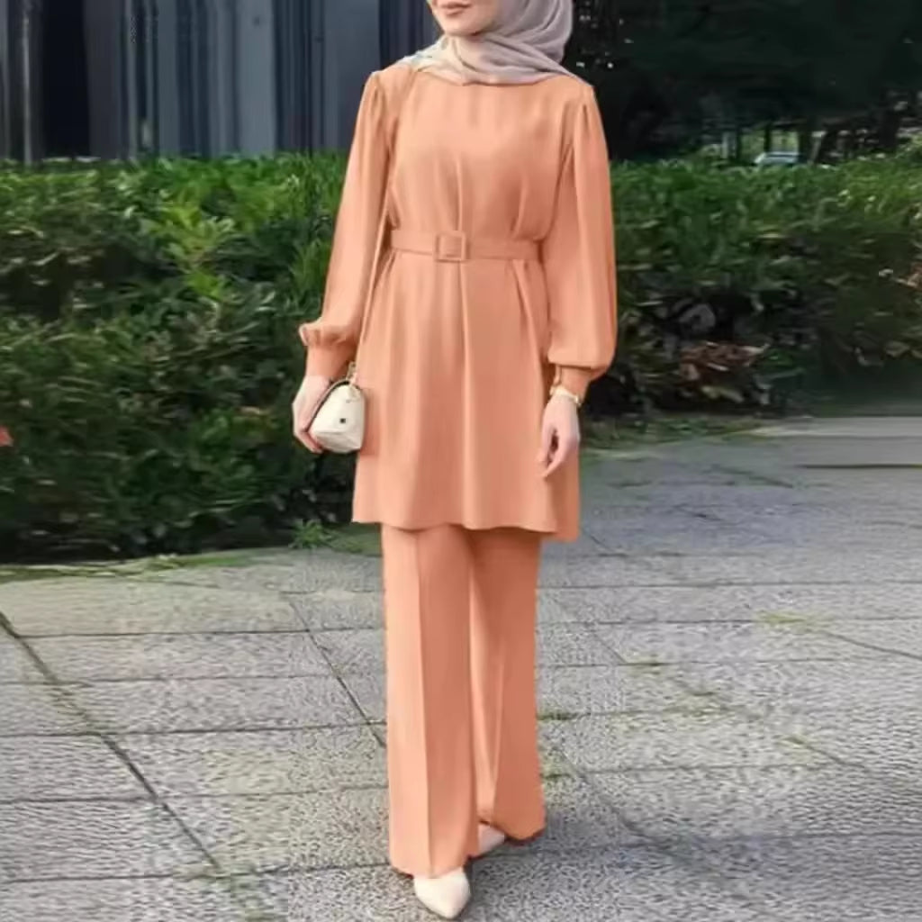 Muslim Women Matching Sets Long Sleeve Solid Color Tops with Belt and Loose Pant Suits Elegant Fashion Casual Tracksuit Kaftan