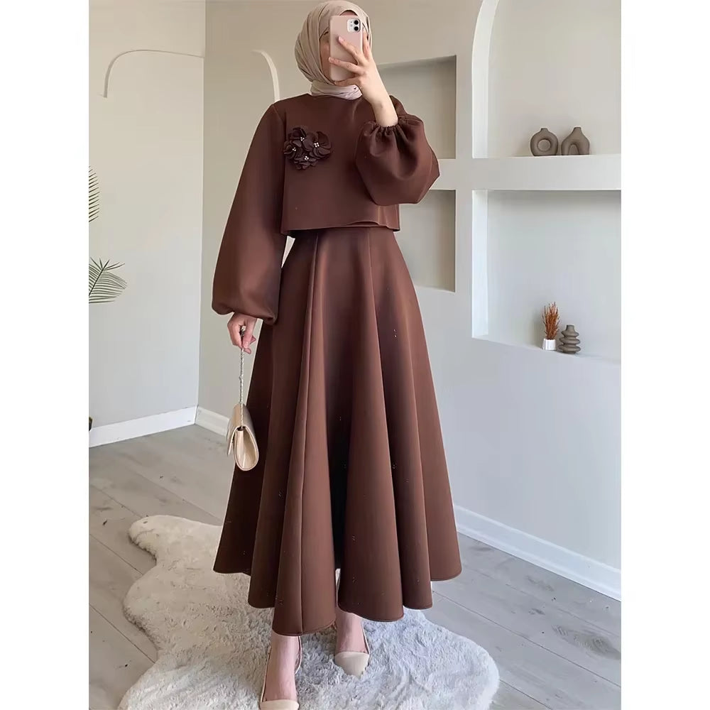 Eid Dubai Fashion Set 2 Piece Women Lantern Sleeve Top Shirt & Skirts Suits Musulman Ensembles Jalabiya Appliques Muslim Sets