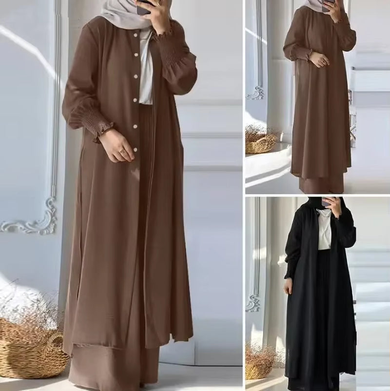 New Arrival Muslim Middle East Southeast Asia 2-Piece Set Women'S Solid Color Spring Autumn Long Sleeve Cardiganshirttrousersuit