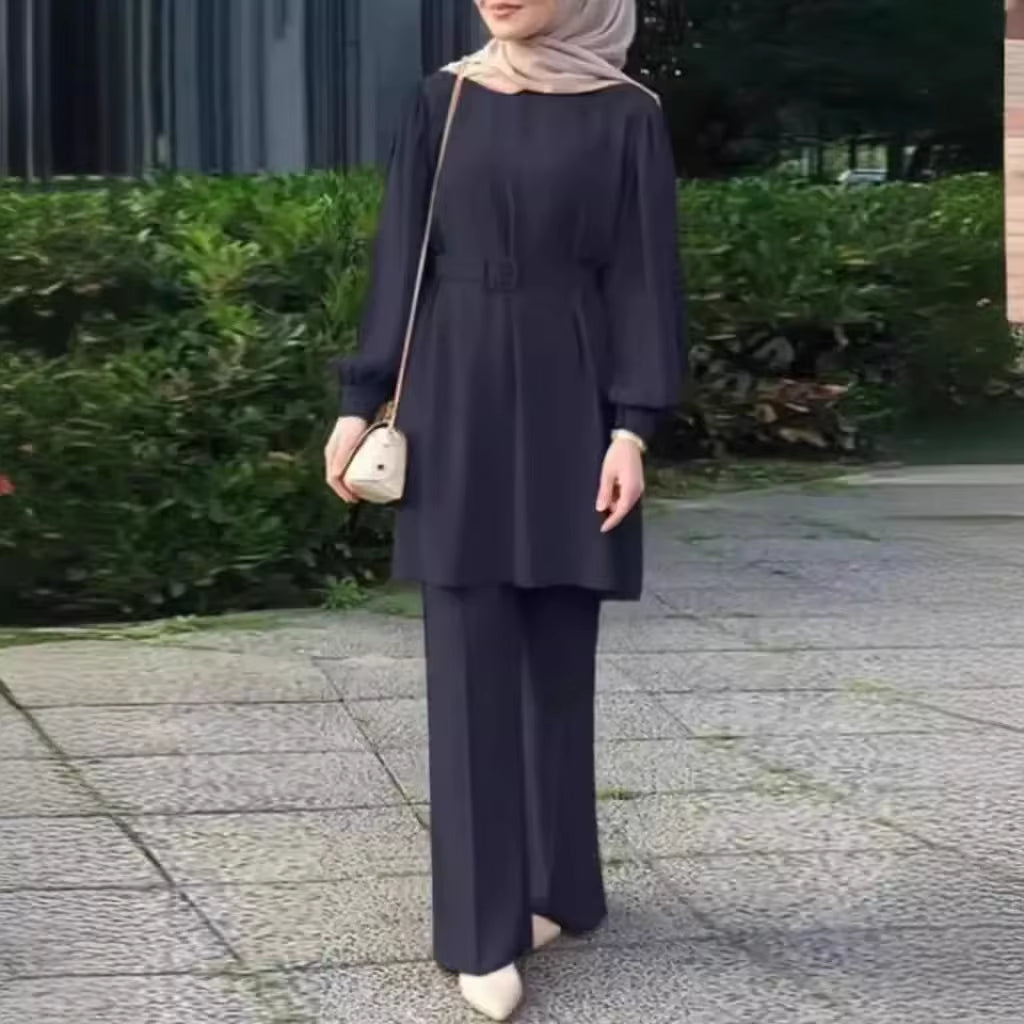 Muslim Women Matching Sets Long Sleeve Solid Color Tops with Belt and Loose Pant Suits Elegant Fashion Casual Tracksuit Kaftan