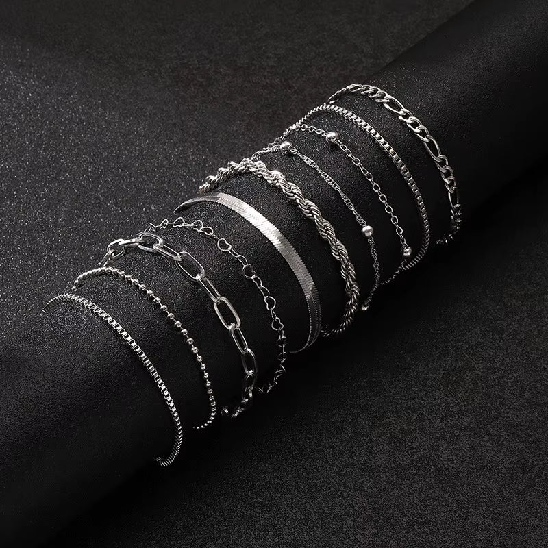 Set of 10 Vintage Gold Flat Snake Chain Box Bracelets - Bohemian Multi-Layer Metal Jewelry for Women