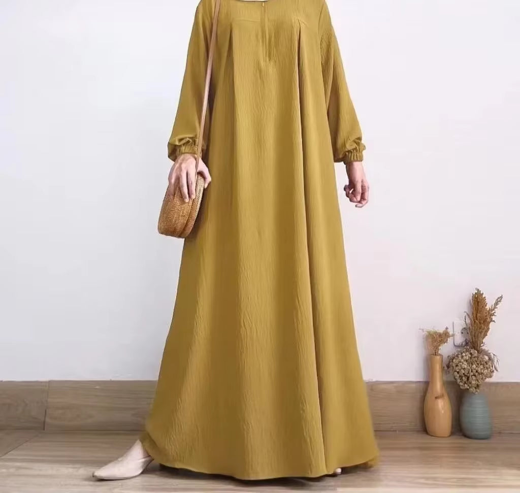 Solid Stretch Cuff Women Dress Zip-Up O-Neck Abayas for Women Simple Muslim A-Line Dresses Femme Turkey Dubai Vestido Kaftan