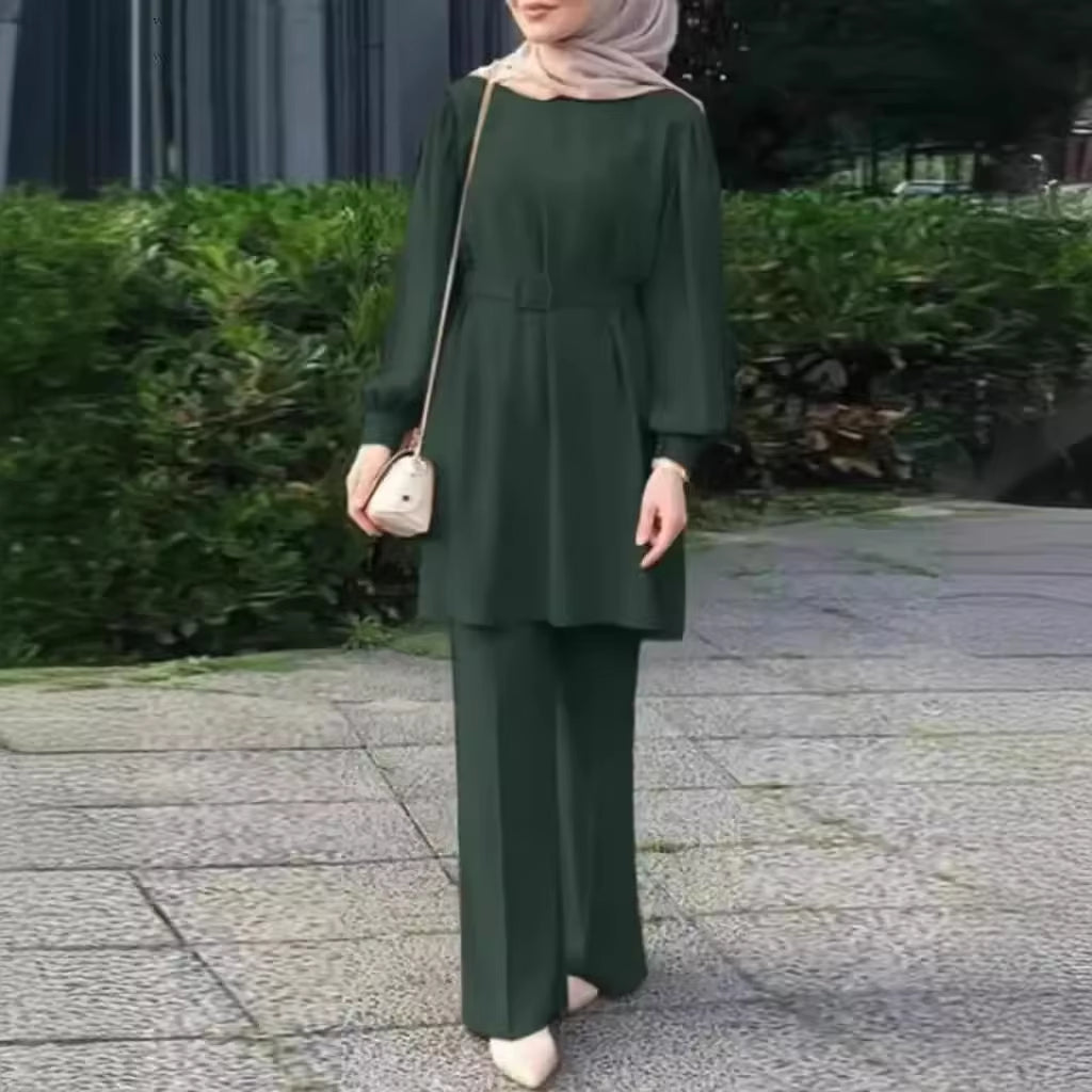 Muslim Women Matching Sets Long Sleeve Solid Color Tops with Belt and Loose Pant Suits Elegant Fashion Casual Tracksuit Kaftan