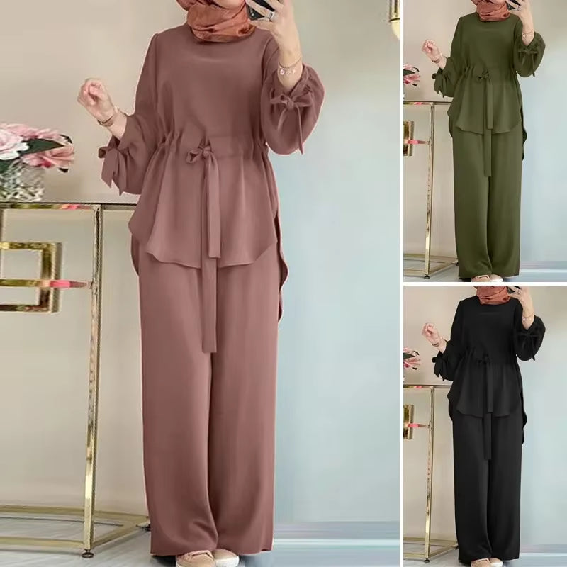 H730 Muslim Women'S 2-Piece Set Elegant Solid Color round Neck Wide Leg Trousers with Drawstring Top for Fashionable Muslims