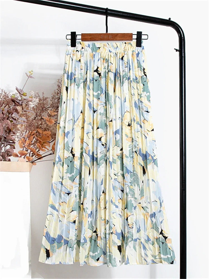 New 2024 Vintage Floral Printed Tulle Pleated Mi-Long Women Skirts High Waist Loose Female Umbrella Skirts Spring Summer