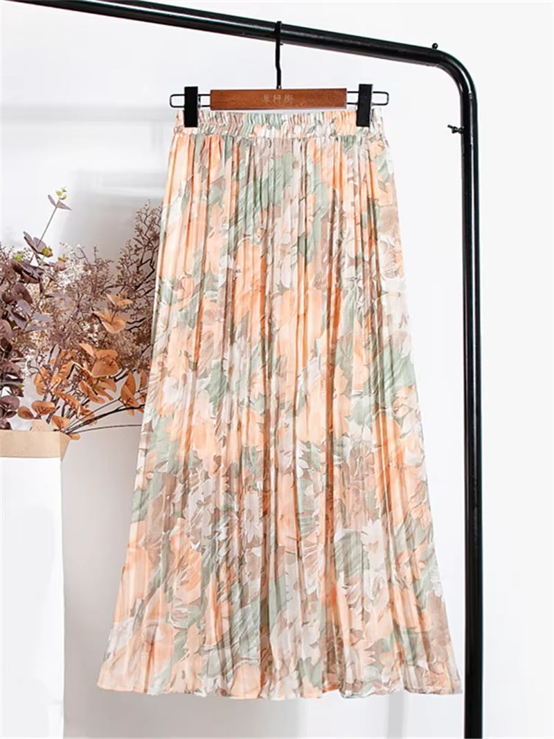 New 2024 Vintage Floral Printed Tulle Pleated Mi-Long Women Skirts High Waist Loose Female Umbrella Skirts Spring Summer