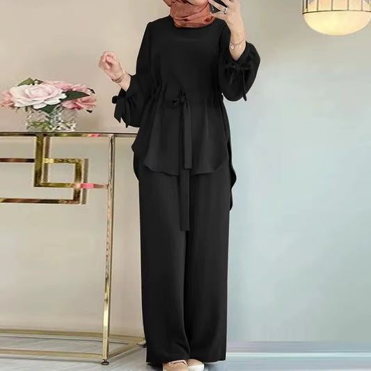 H730 Muslim Women'S 2-Piece Set Elegant Solid Color round Neck Wide Leg Trousers with Drawstring Top for Fashionable Muslims