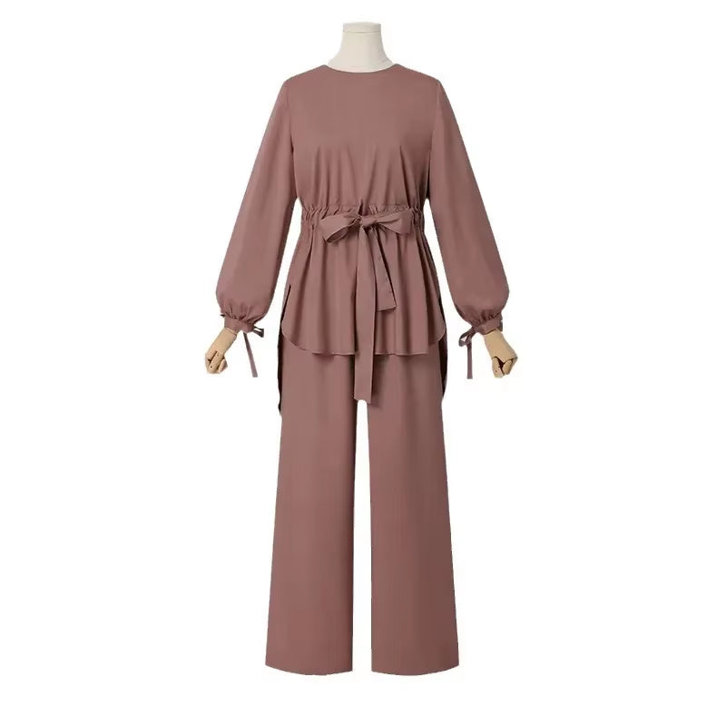 H730 Muslim Women'S 2-Piece Set Elegant Solid Color round Neck Wide Leg Trousers with Drawstring Top for Fashionable Muslims