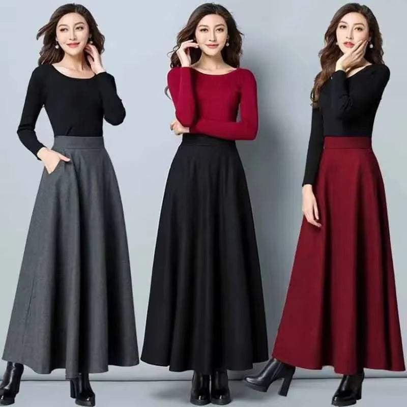 New Winter Women'S Long Woolen Skirt Elegant High Waist Wool a Line Skirts Female Casual Thick Warm Pocket Maxi Skirts Lady