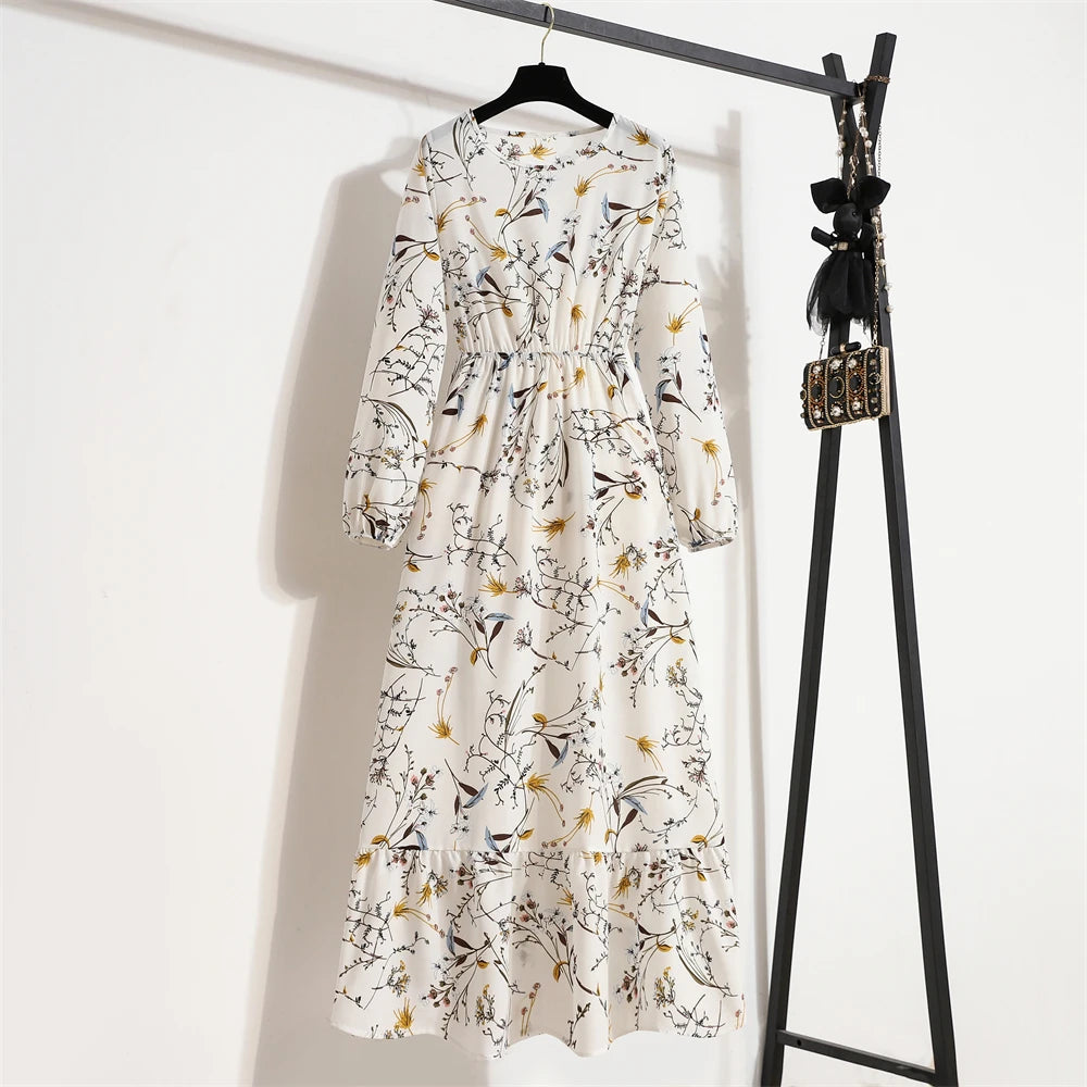 Spring Summer Women Maxi Dresses Casual Full Sleeve Floral Printed O-Neck Woman Bohe Beach Party Long Dress Mujer Vestidos