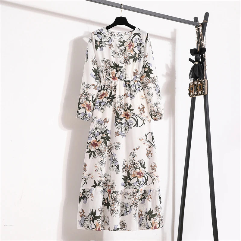 Spring Summer Women Maxi Dresses Casual Full Sleeve Floral Printed O-Neck Woman Bohe Beach Party Long Dress Mujer Vestidos