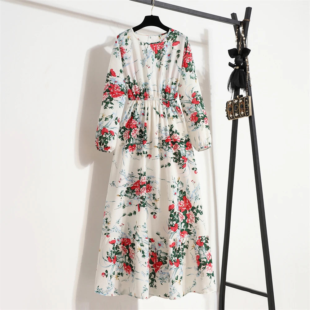 Spring Summer Women Maxi Dresses Casual Full Sleeve Floral Printed O-Neck Woman Bohe Beach Party Long Dress Mujer Vestidos
