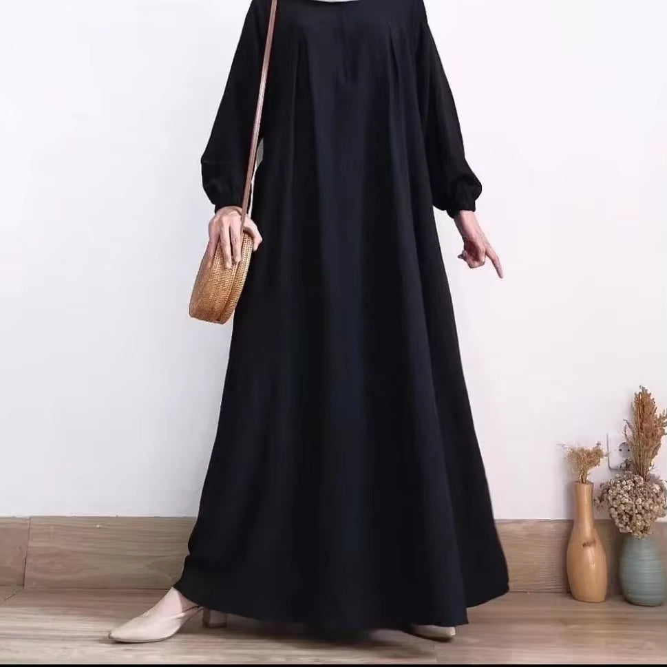 Solid Stretch Cuff Women Dress Zip-Up O-Neck Abayas for Women Simple Muslim A-Line Dresses Femme Turkey Dubai Vestido Kaftan