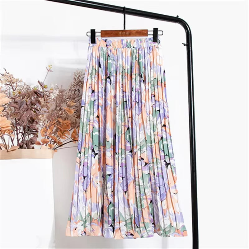 New 2024 Vintage Floral Printed Tulle Pleated Mi-Long Women Skirts High Waist Loose Female Umbrella Skirts Spring Summer