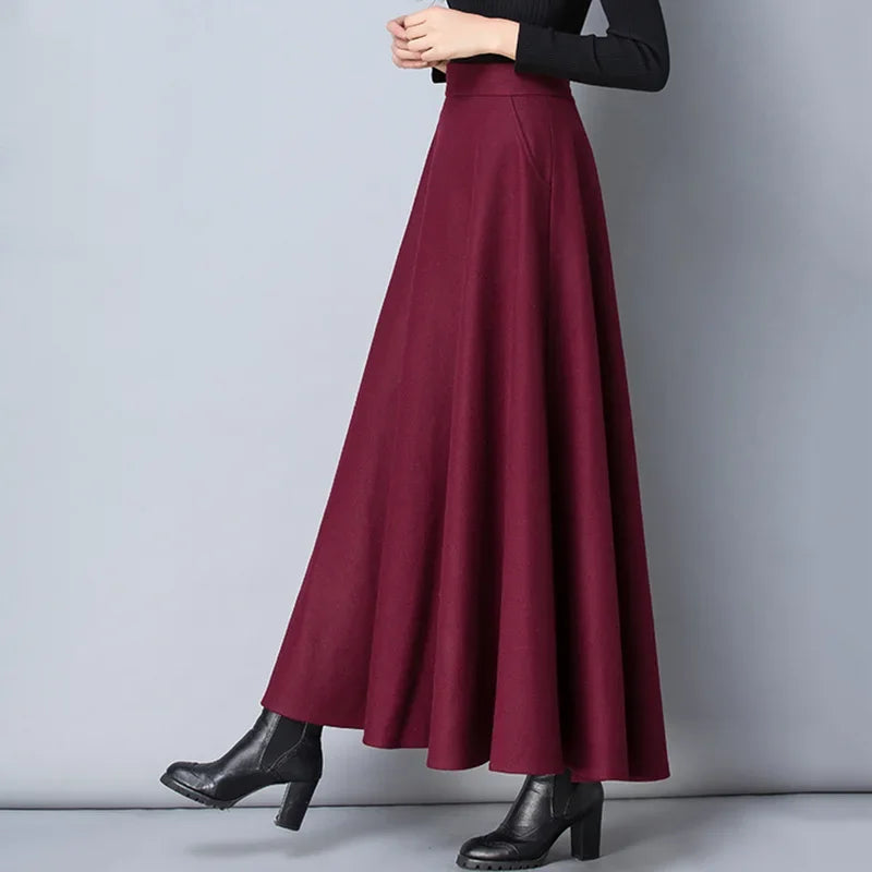 New Winter Women'S Long Woolen Skirt Elegant High Waist Wool a Line Skirts Female Casual Thick Warm Pocket Maxi Skirts Lady