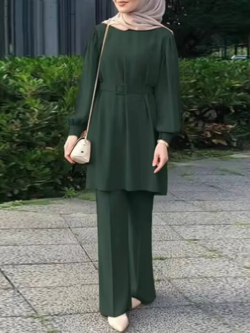 Muslim Women Matching Sets Long Sleeve Solid Color Tops with Belt and Loose Pant Suits Elegant Fashion Casual Tracksuit Kaftan