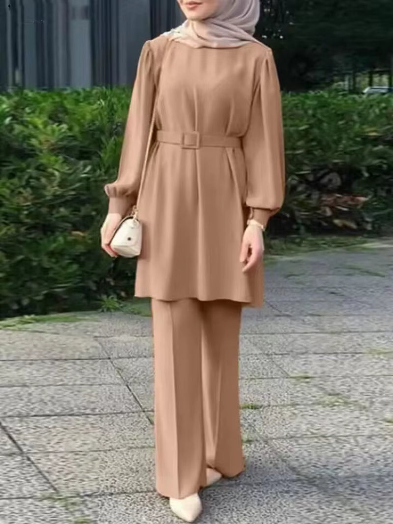 Muslim Women Matching Sets Long Sleeve Solid Color Tops with Belt and Loose Pant Suits Elegant Fashion Casual Tracksuit Kaftan
