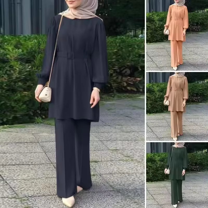 Muslim Women Matching Sets Long Sleeve Solid Color Tops with Belt and Loose Pant Suits Elegant Fashion Casual Tracksuit Kaftan