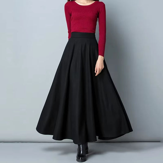 New Winter Women'S Long Woolen Skirt Elegant High Waist Wool a Line Skirts Female Casual Thick Warm Pocket Maxi Skirts Lady