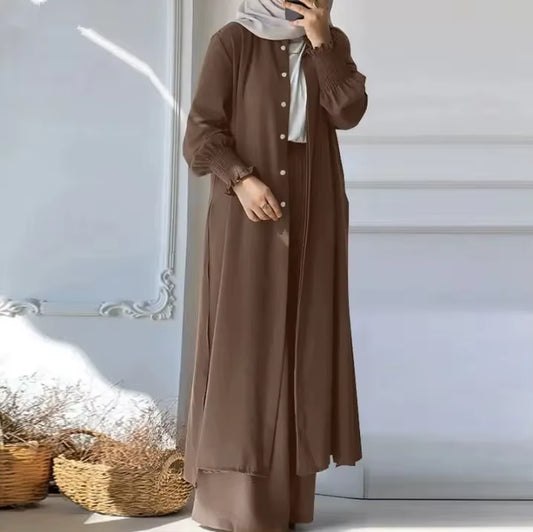 New Arrival Muslim Middle East Southeast Asia 2-Piece Set Women'S Solid Color Spring Autumn Long Sleeve Cardiganshirttrousersuit