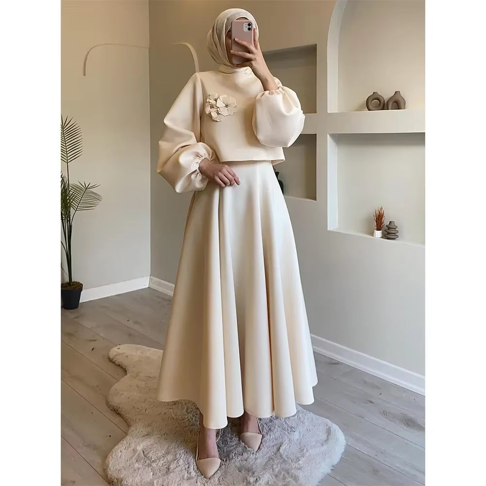 Eid Dubai Fashion Set 2 Piece Women Lantern Sleeve Top Shirt & Skirts Suits Musulman Ensembles Jalabiya Appliques Muslim Sets